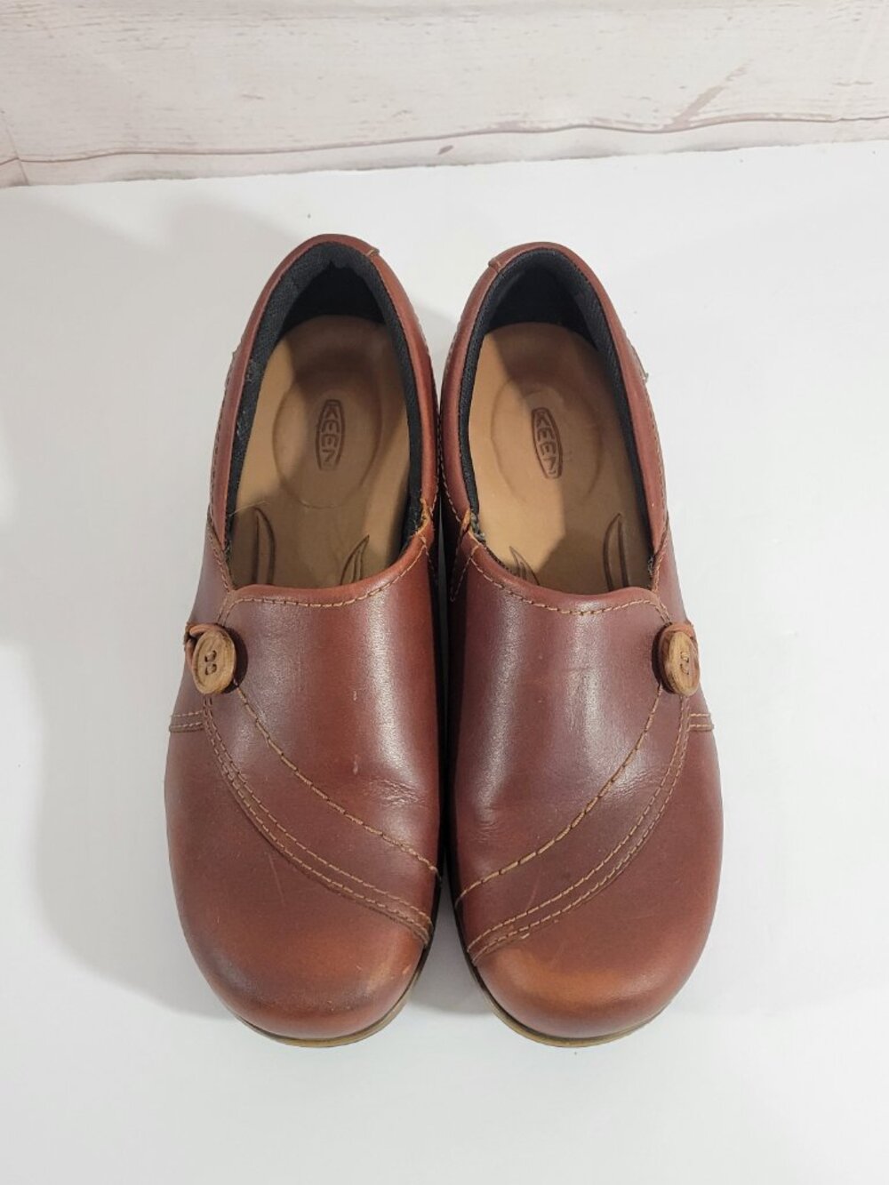 Keen Mora Button Slip On Shoes Womens 8 Brown Leather Clogs Mules